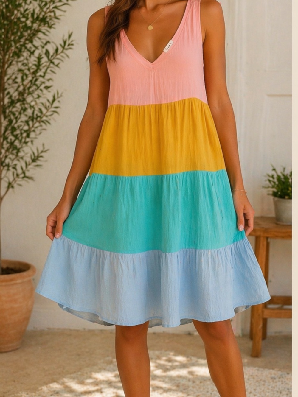 BiBi Pink, Mustard & Aqua Colorblock V-Neck Mini Dress